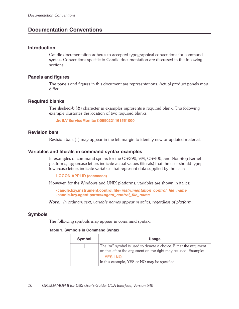 Documentation conventions, Introduction, Panels and figures | Required blanks, Revision bars, Variables and literals in command syntax examples, Symbols | Candle-lite DB2 User Manual | Page 10 / 132