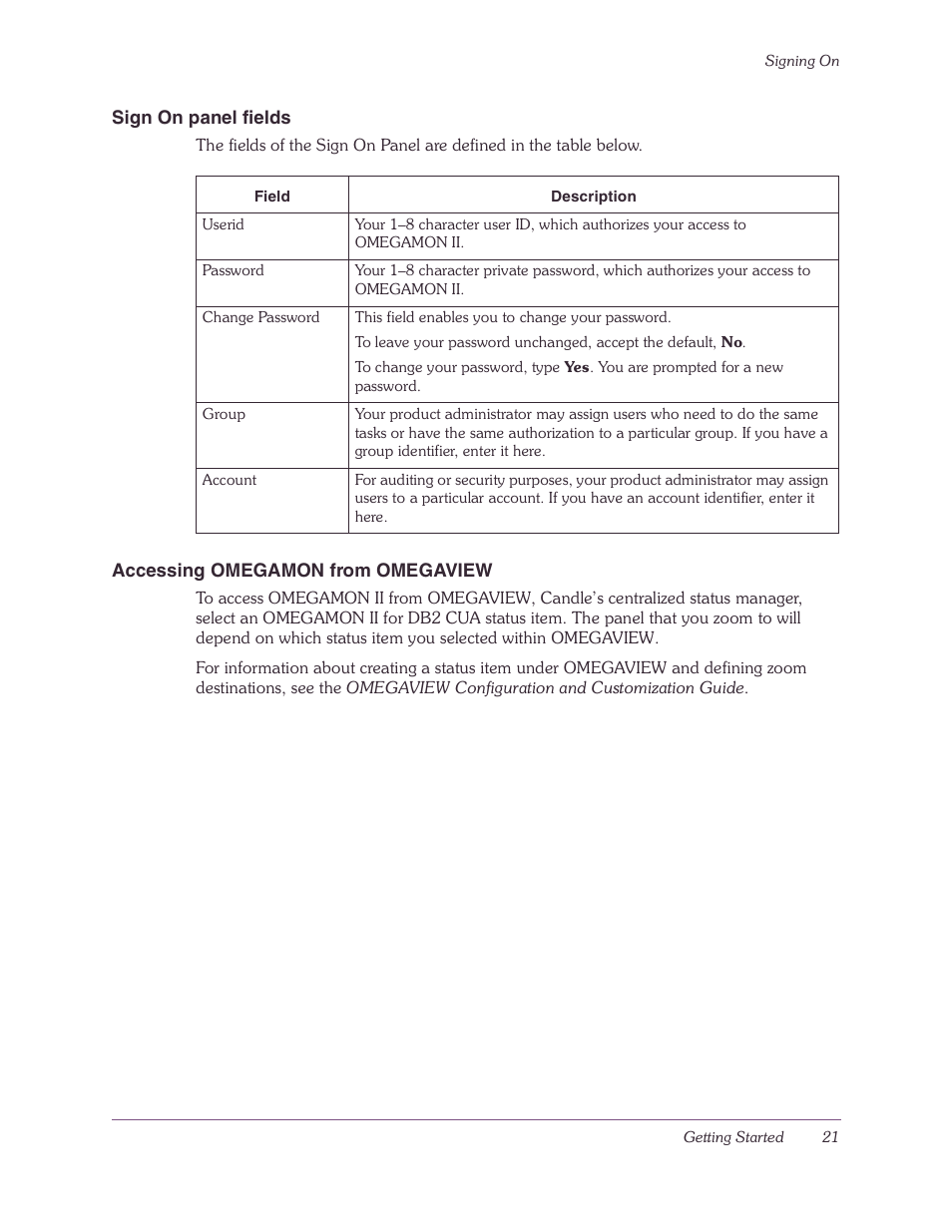 Sign on panel fields, Accessing omegamon from omegaview | Candle-lite DB2 User Manual | Page 21 / 132