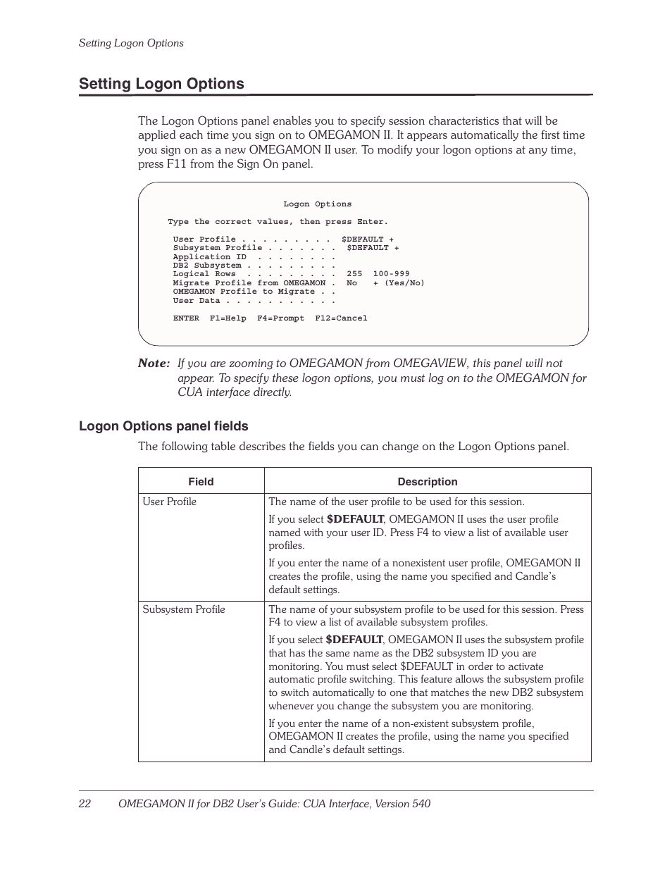 Setting logon options, Logon options panel fields | Candle-lite DB2 User Manual | Page 22 / 132