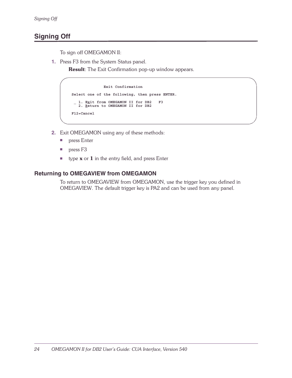 Signing off, Returning to omegaview from omegamon | Candle-lite DB2 User Manual | Page 24 / 132