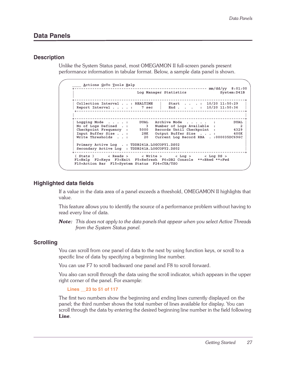 Data panels, Description, Highlighted data fields | Scrolling | Candle-lite DB2 User Manual | Page 27 / 132