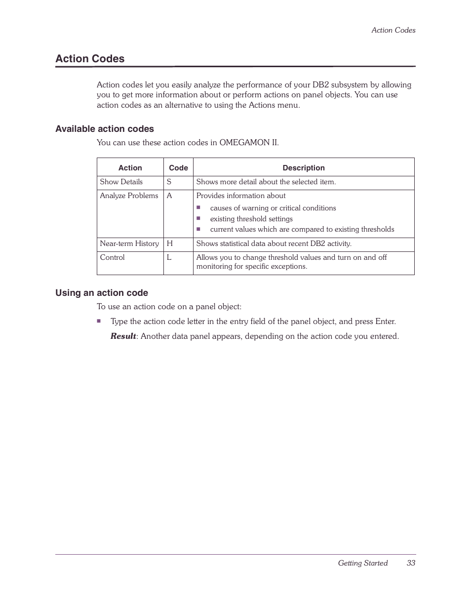 Action codes, Available action codes, Using an action code | Candle-lite DB2 User Manual | Page 33 / 132