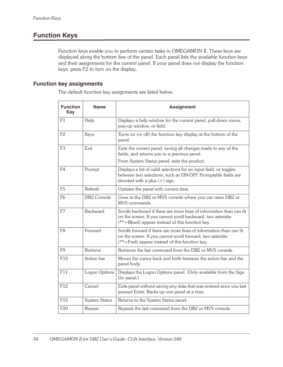 Function keys, Function key assignments | Candle-lite DB2 User Manual | Page 34 / 132