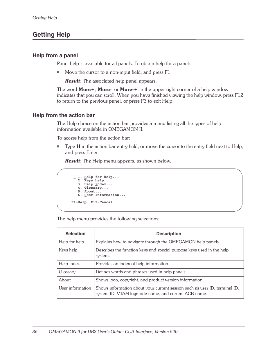 Getting help, Help from a panel, Help from the action bar | Candle-lite DB2 User Manual | Page 36 / 132