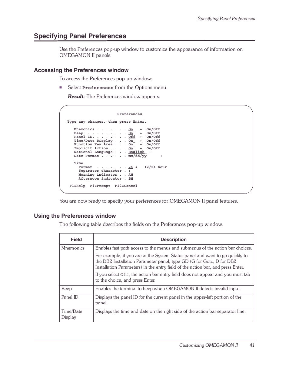 Specifying panel preferences, Accessing the preferences window, Using the preferences window | Candle-lite DB2 User Manual | Page 41 / 132