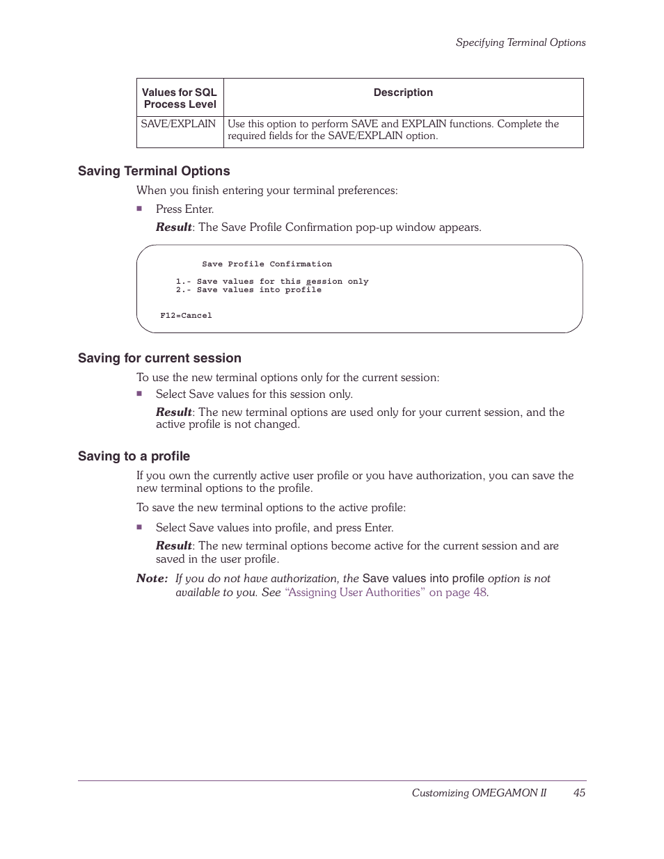 Saving terminal options, Saving for current session, Saving to a profile | Candle-lite DB2 User Manual | Page 45 / 132