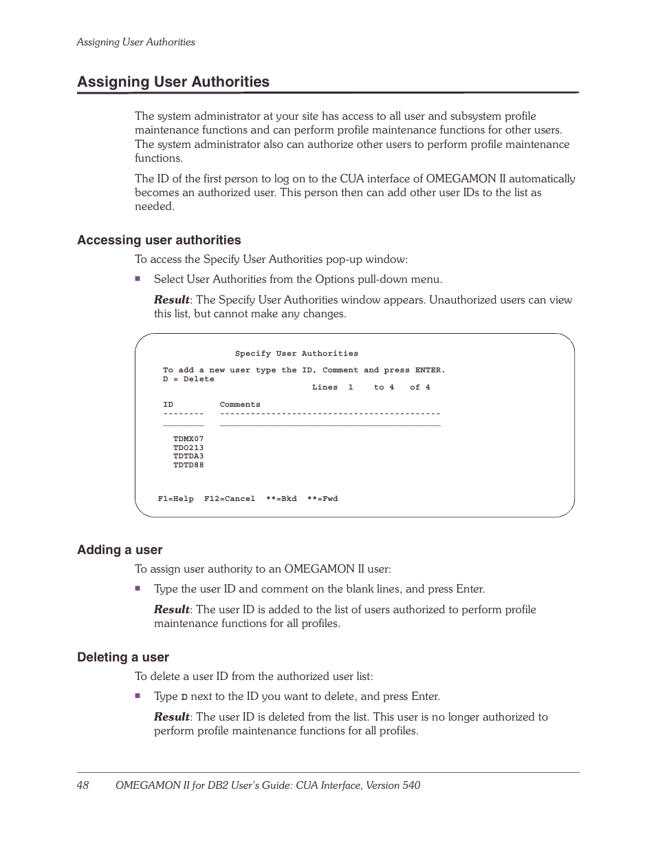 Assigning user authorities, Accessing user authorities, Adding a user | Deleting a user | Candle-lite DB2 User Manual | Page 48 / 132