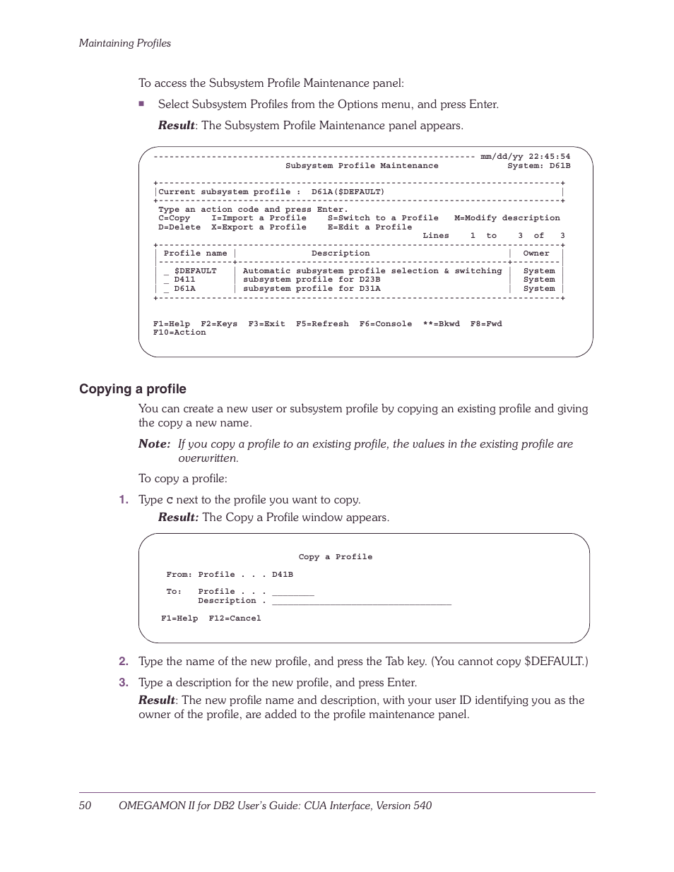 Copying a profile | Candle-lite DB2 User Manual | Page 50 / 132