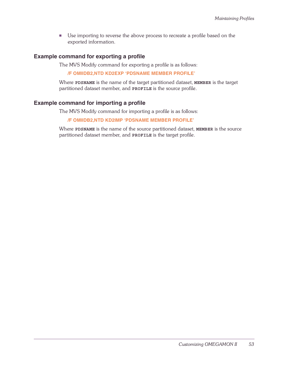 Example command for exporting a profile, Example command for importing a profile | Candle-lite DB2 User Manual | Page 53 / 132