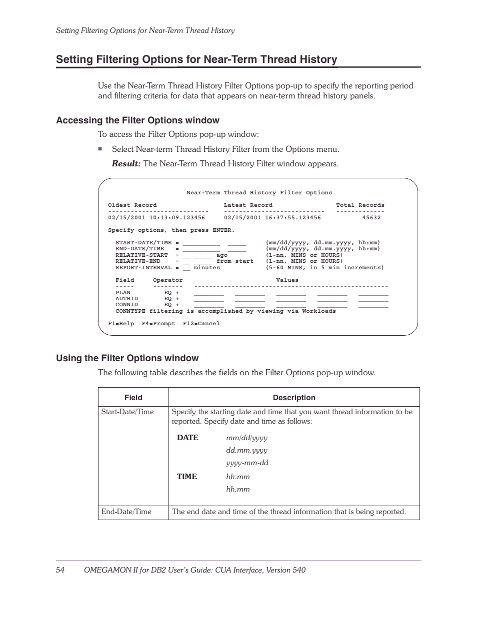 Accessing the filter options window, Using the filter options window | Candle-lite DB2 User Manual | Page 54 / 132