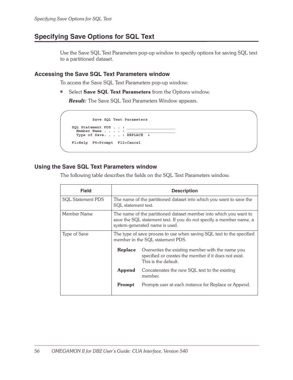 Specifying save options for sql text, Accessing the save sql text parameters window, Using the save sql text parameters window | Candle-lite DB2 User Manual | Page 56 / 132