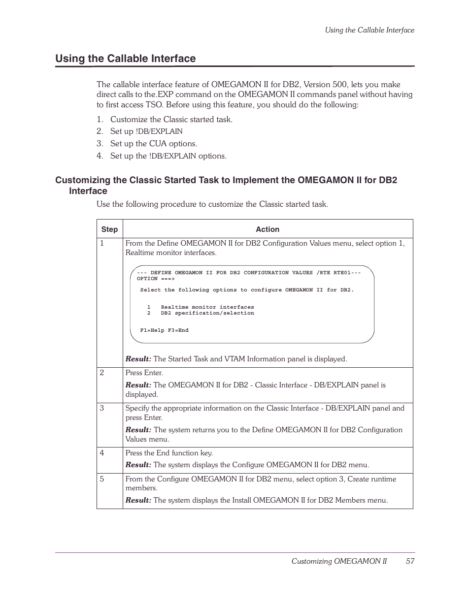 Using the callable interface | Candle-lite DB2 User Manual | Page 57 / 132