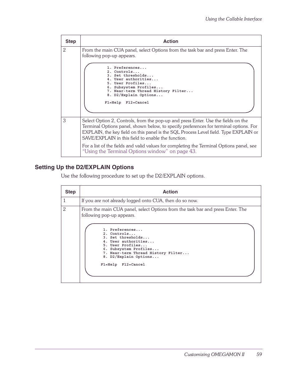 Setting up the d2/explain options | Candle-lite DB2 User Manual | Page 59 / 132