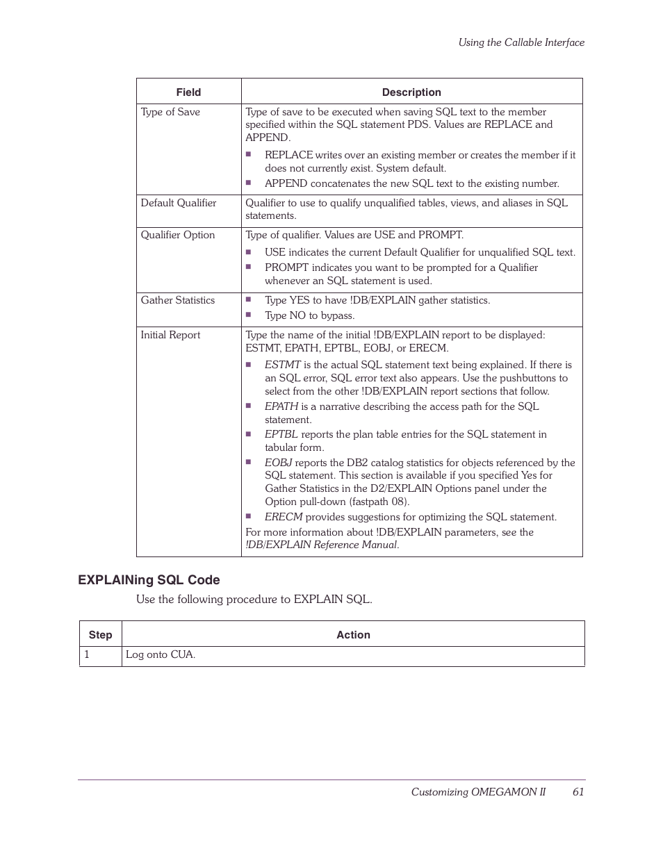 Explaining sql code | Candle-lite DB2 User Manual | Page 61 / 132