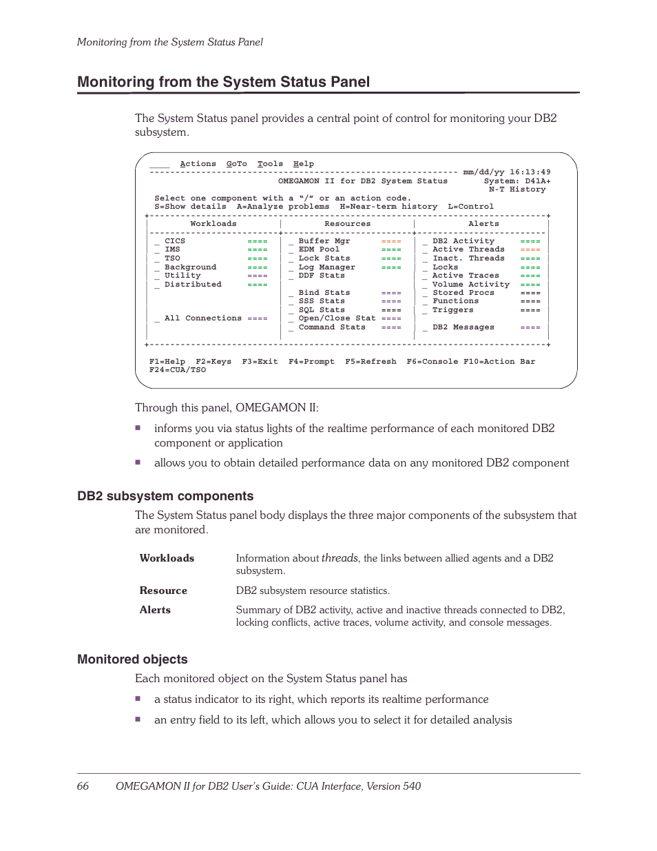 Monitoring from the system status panel, Db2 subsystem components, Monitored objects | Candle-lite DB2 User Manual | Page 66 / 132