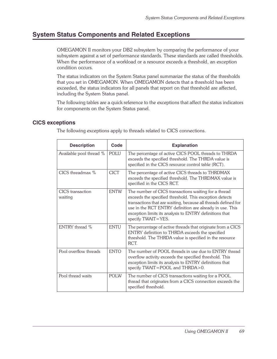 System status components and related exceptions, Cics exceptions | Candle-lite DB2 User Manual | Page 69 / 132