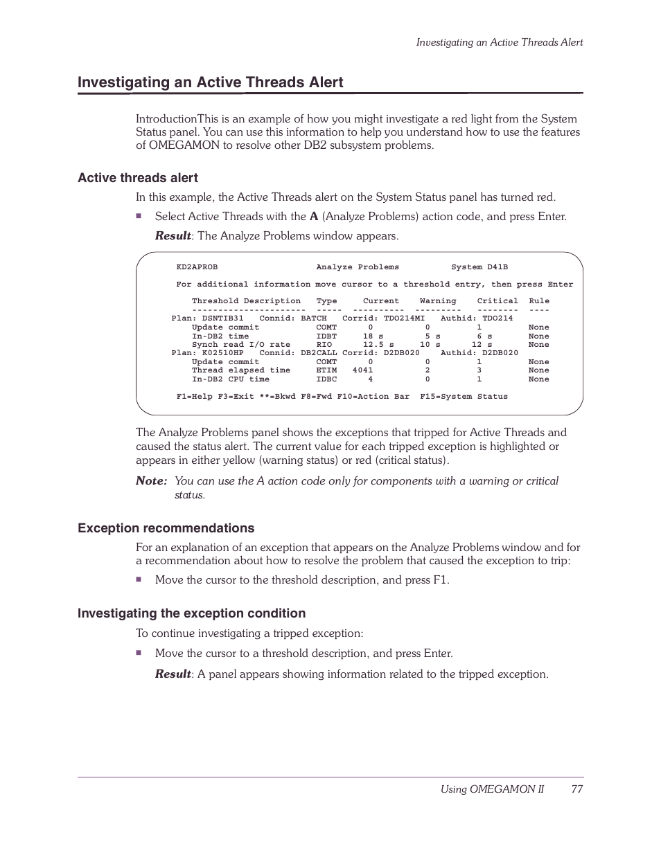 Investigating an active threads alert, Active threads alert, Exception recommendations | Investigating the exception condition | Candle-lite DB2 User Manual | Page 77 / 132