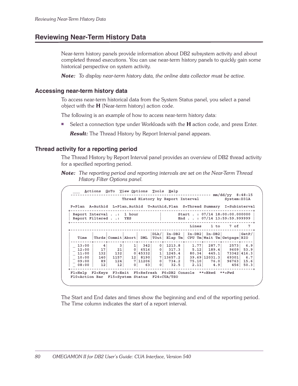 Reviewing near-term history data, Accessing near-term history data, Thread activity for a reporting period | Candle-lite DB2 User Manual | Page 80 / 132