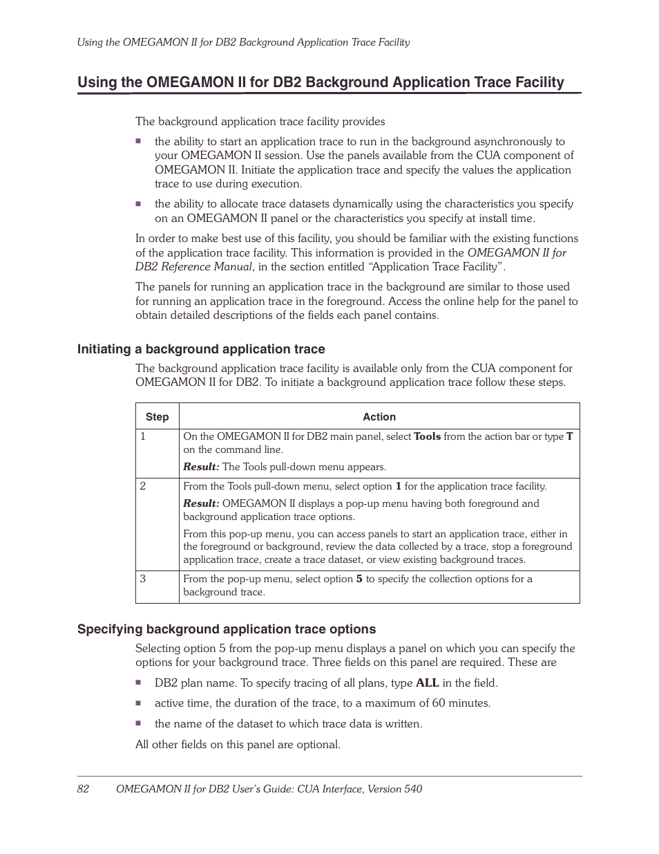 Initiating a background application trace, Specifying background application trace options | Candle-lite DB2 User Manual | Page 82 / 132
