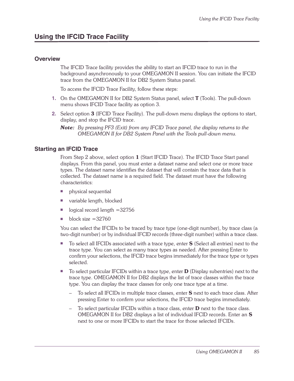 Using the ifcid trace facility, Overview, Starting an ifcid trace | Candle-lite DB2 User Manual | Page 85 / 132