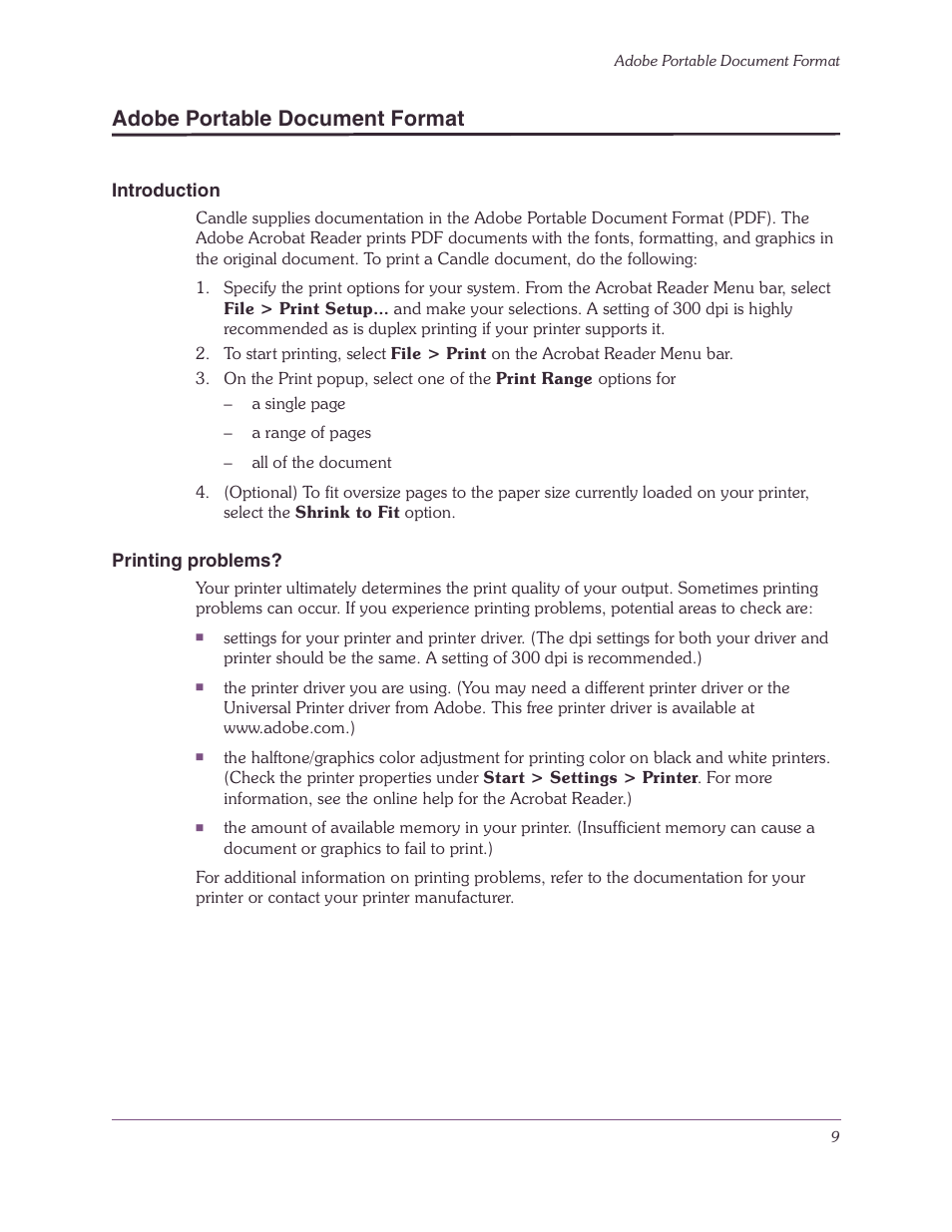 Adobe portable document format, Introduction, Printing problems | Candle-lite DB2 User Manual | Page 9 / 132