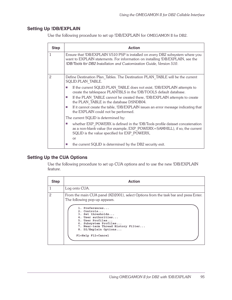 Setting up !db/explain, Setting up the cua options | Candle-lite DB2 User Manual | Page 95 / 132