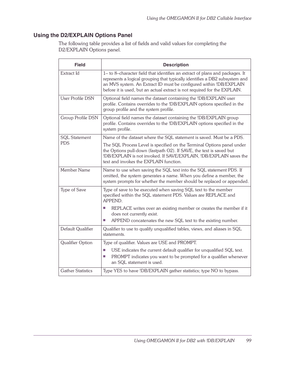 Using the d2/explain options panel | Candle-lite DB2 User Manual | Page 99 / 132