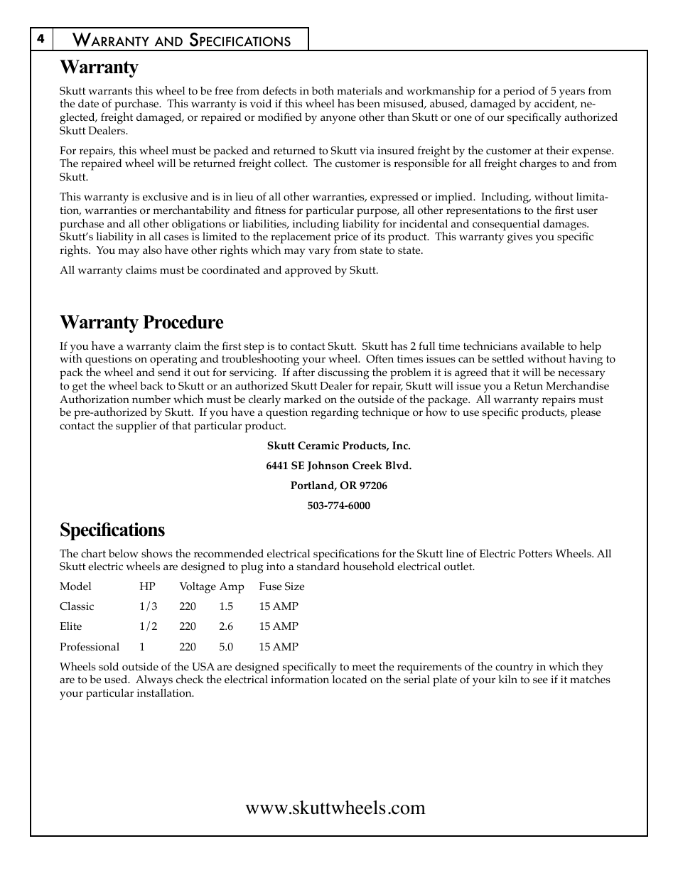 Warranty, Warranty procedure, Specifications | Skutt Potter’s Wheel 5/6/11 User Manual | Page 4 / 5