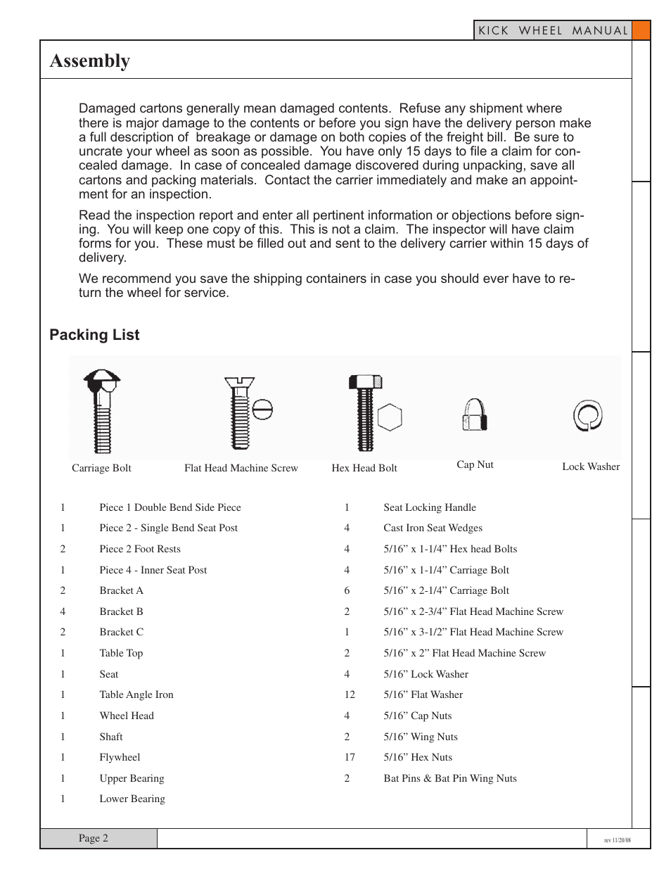 Assembly, Packing list | Skutt Kickwheel User Manual | Page 2 / 11