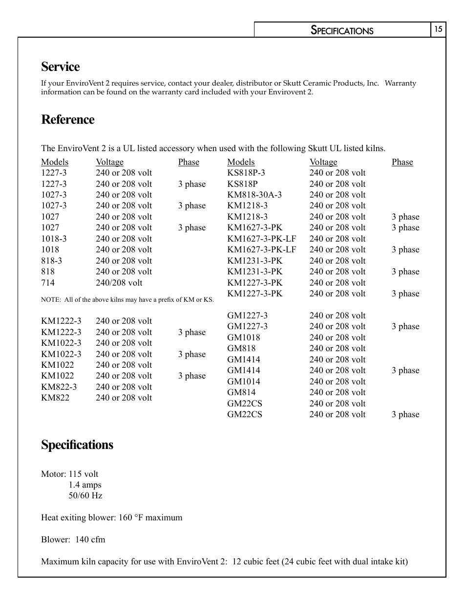 Specifications, Service, Reference | Skutt EnviroVent 2 User Manual | Page 15 / 16