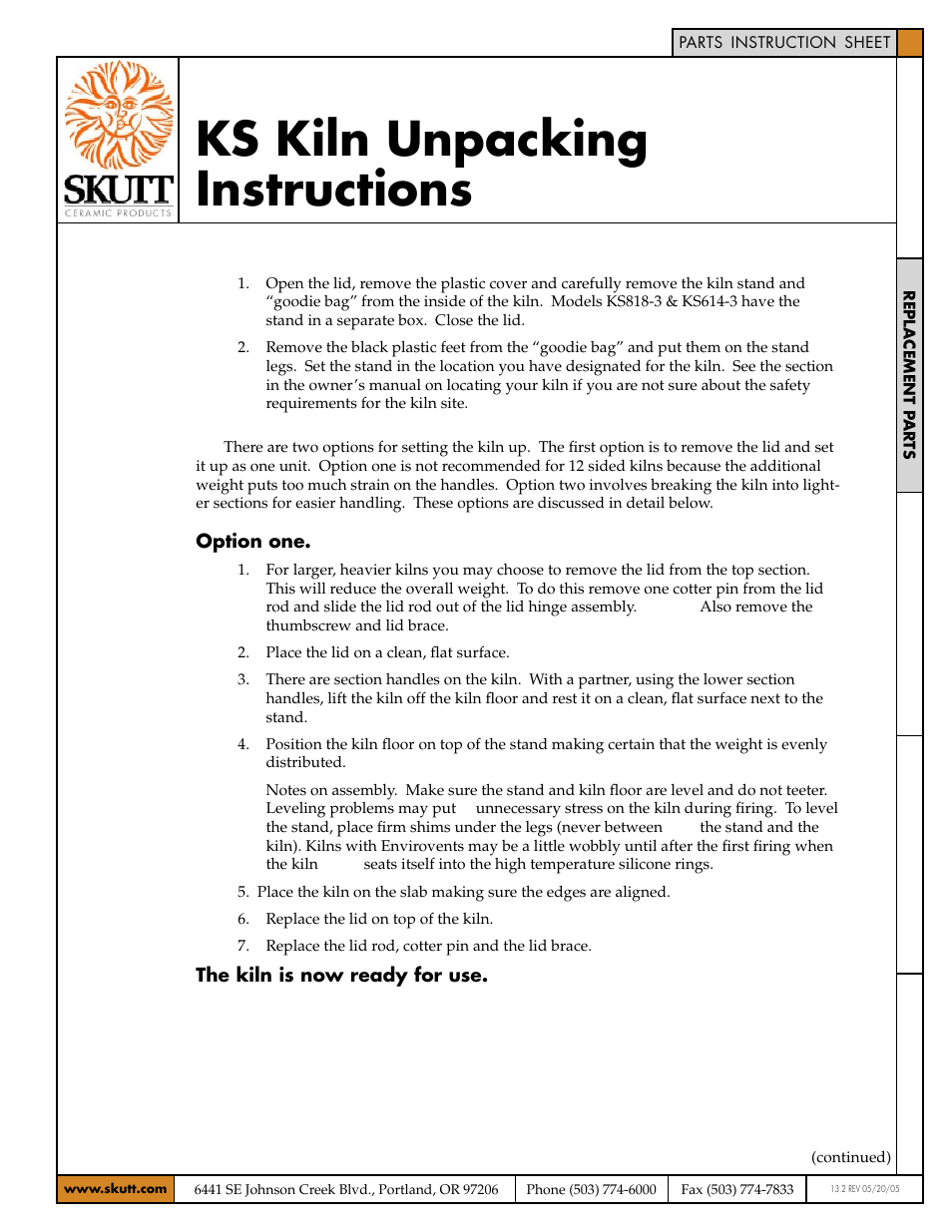 Skutt KS Kiln Unpacking User Manual | 2 pages