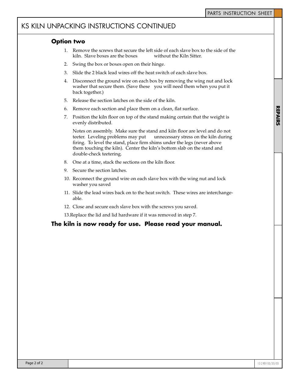 Ks kiln unpacking instructions continued | Skutt KS Kiln Unpacking User Manual | Page 2 / 2