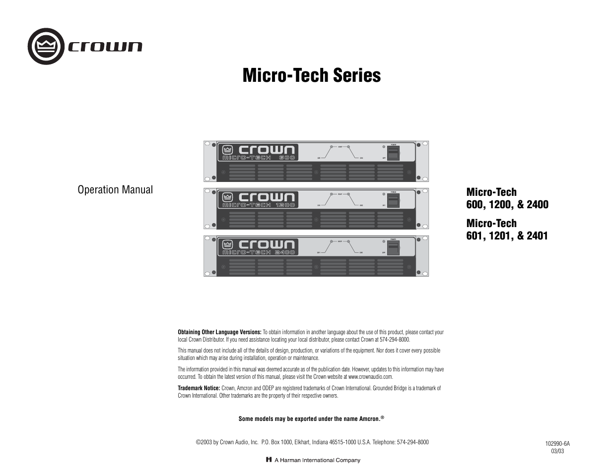 Crown 1201 User Manual | 28 pages