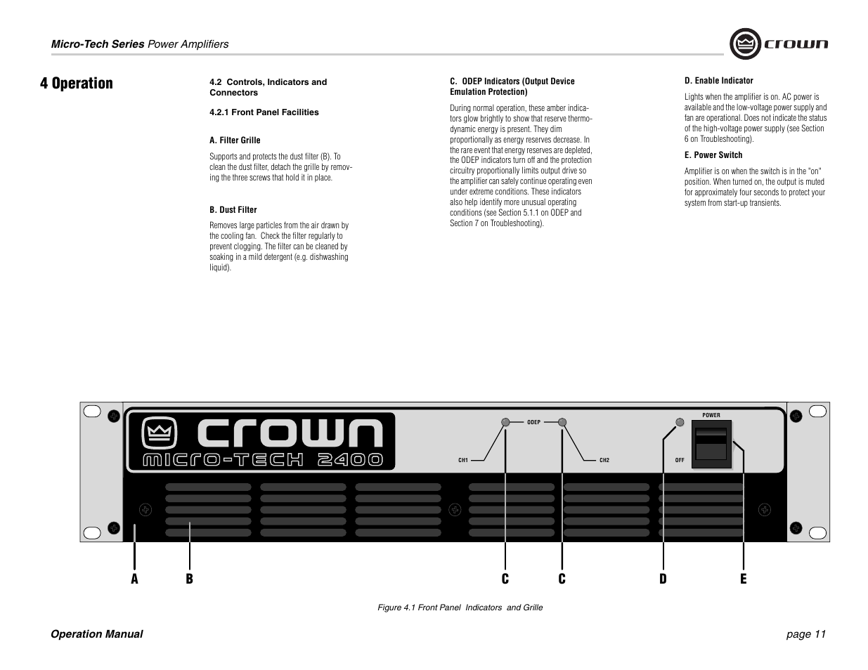 Figure 4.1 front panel indicators and grille, 2 controls, indicators and connectors, 1 front panel facilities | 4 operation | Crown 1201 User Manual | Page 11 / 28