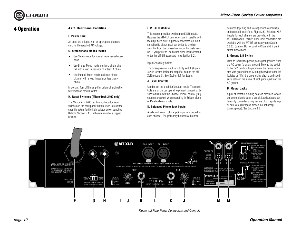 Figure 4.2 rear panel connectors and controls, 4 operation, 2 rear panel facilities | Crown 1201 User Manual | Page 12 / 28