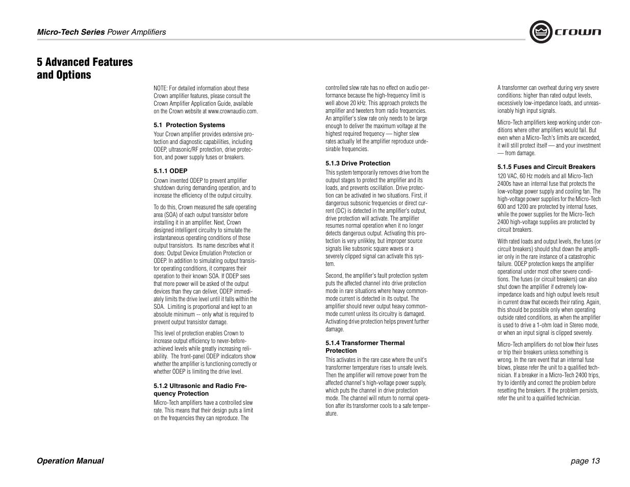 5 advanced features and options, 1 protection systems, 1 odep | 2 ultrasonic and radio frequency protection, 3 drive protection, 4 transformer thermal protection, 5 fuses and circuit breakers | Crown 1201 User Manual | Page 13 / 28