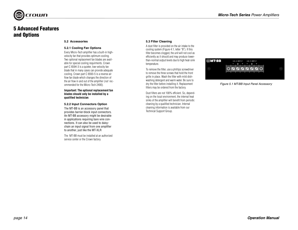 Figure 5.1 mt-bb input panel accessory, 5 advanced features and options, 2 accessories | 1 cooling fan options, 2 input connectors option, 3 filter cleaning | Crown 1201 User Manual | Page 14 / 28