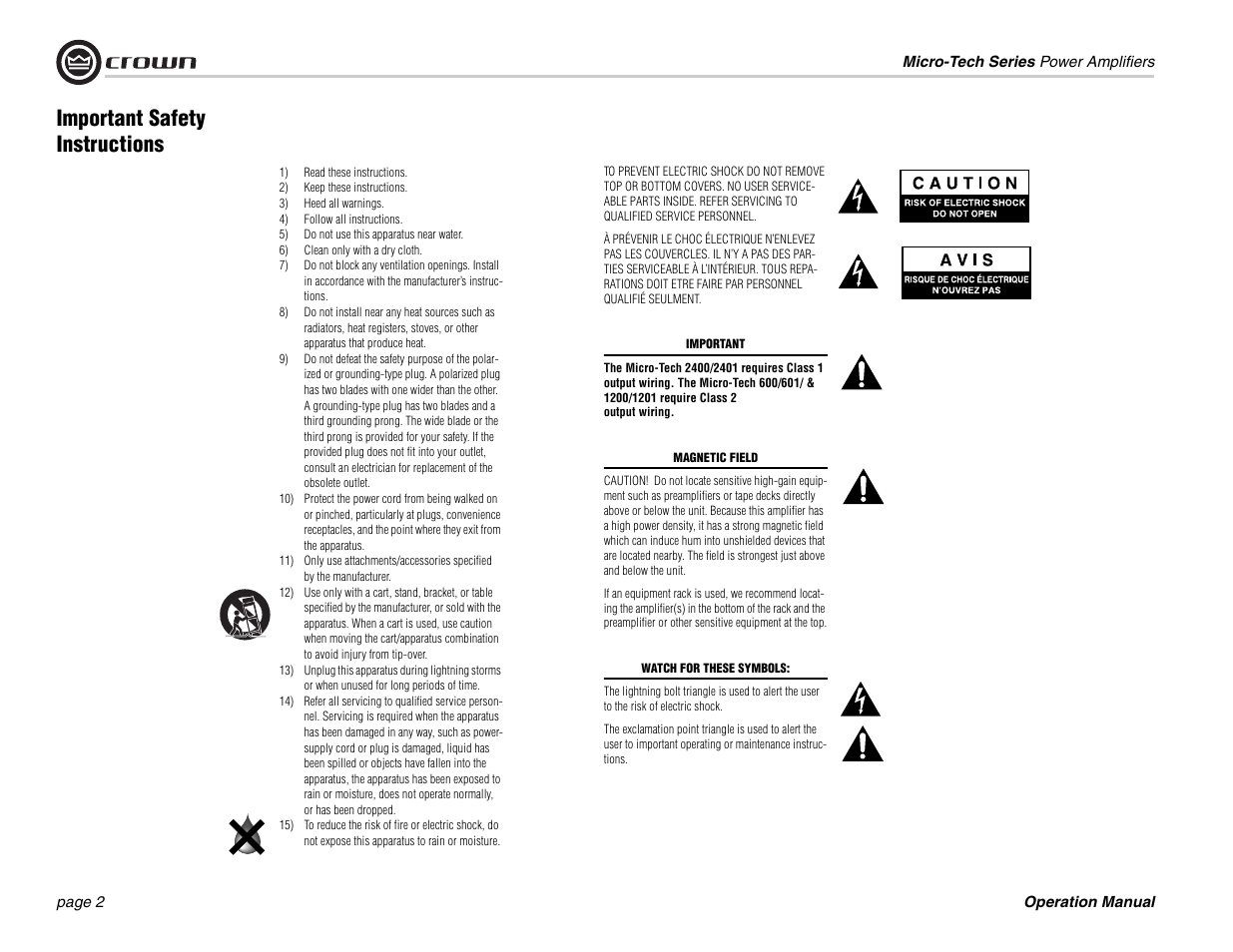 Important safety instructions, 1) read these instructions, 2) keep these instructions | 3) heed all warnings, 4) follow all instructions, 5) do not use this apparatus near water, 6) clean only with a dry cloth, Important, Magnetic field, Watch for these symbols | Crown 1201 User Manual | Page 2 / 28