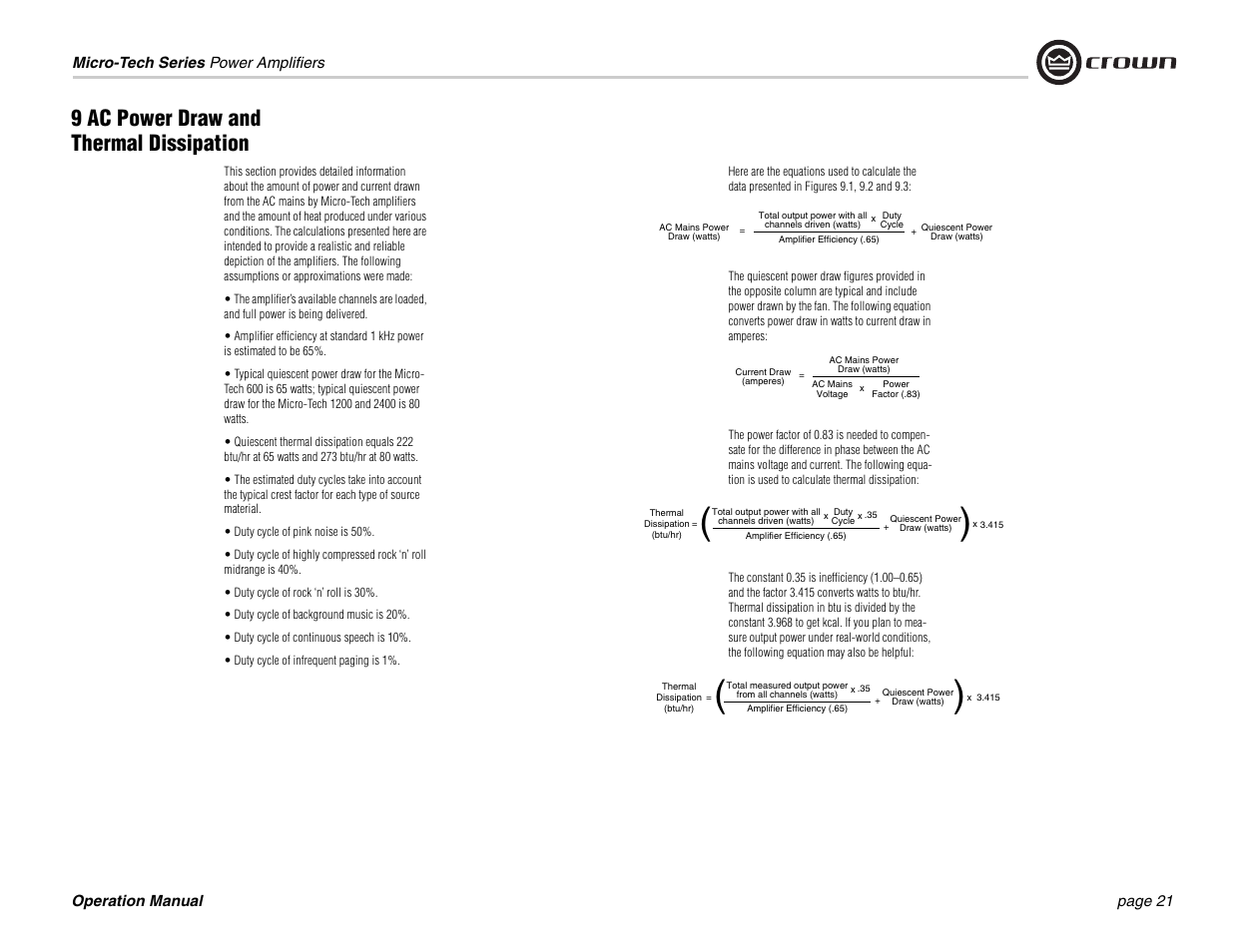 9 ac power draw and thermal dissipation | Crown 1201 User Manual | Page 21 / 28