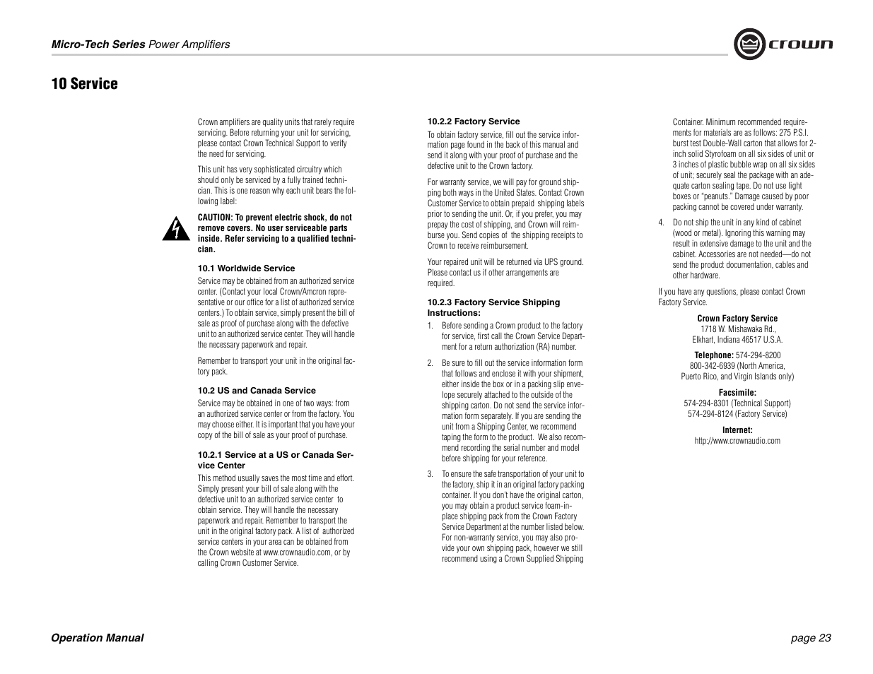 10 service, 1 worldwide service, 2 us and canada service | 1 service at a us or canada service center, 2 factory service, 3 factory service shipping instructions | Crown 1201 User Manual | Page 23 / 28