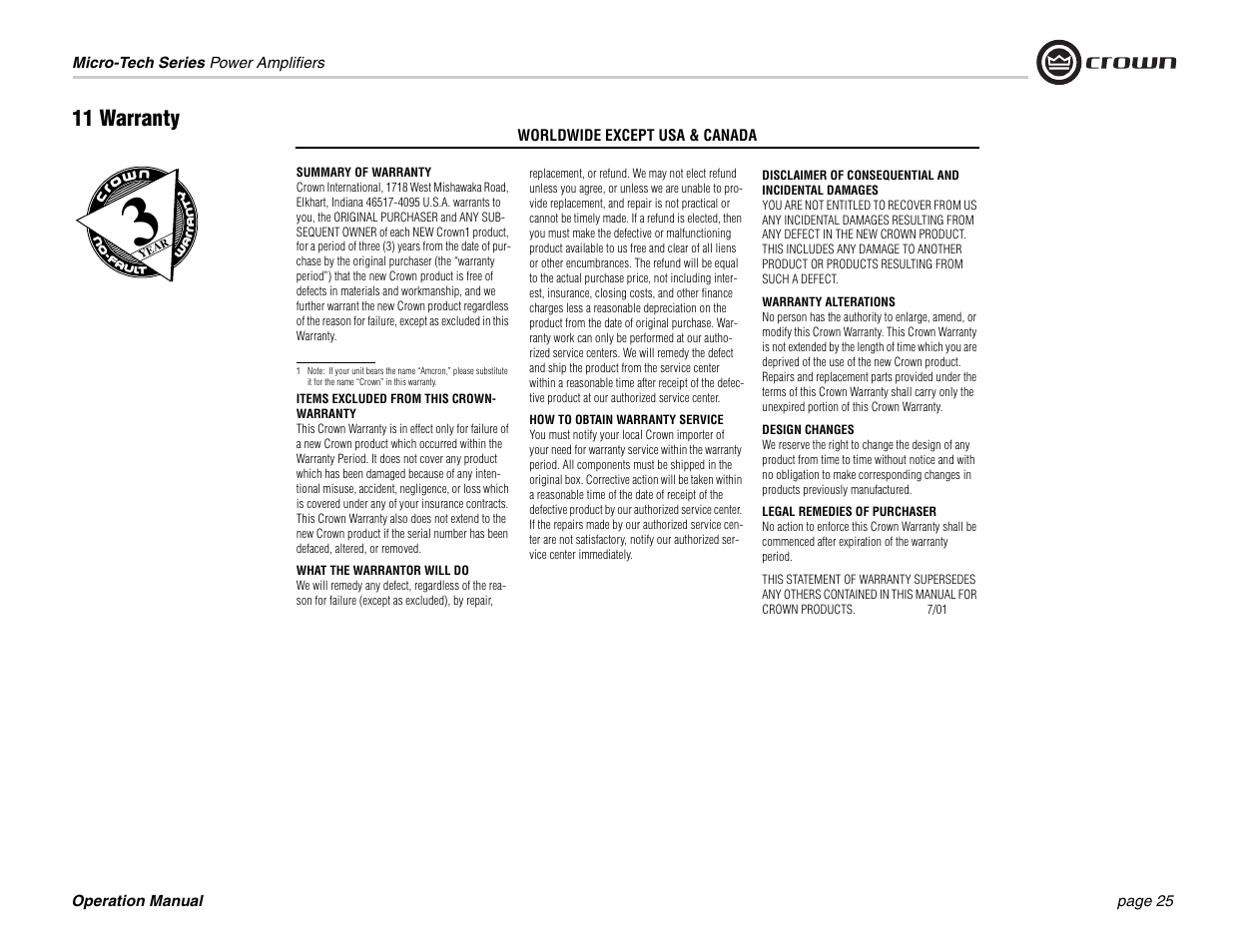 11 warranty | Crown 1201 User Manual | Page 25 / 28