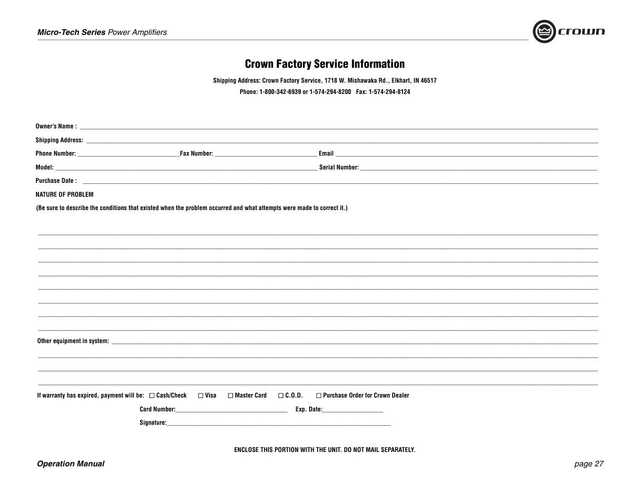 Owner’s name, Shipping address, Purchase date | Nature of problem, Other equipment in system, Signature, Crown factory service information | Crown 1201 User Manual | Page 27 / 28