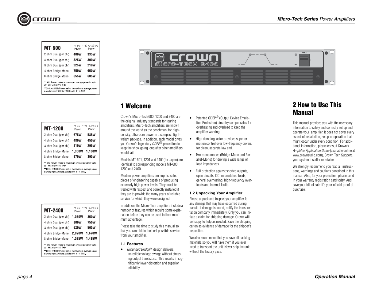 1 welcome, 1 features, 2 unpacking your amplifier | 2 how to use this manual | Crown 1201 User Manual | Page 4 / 28