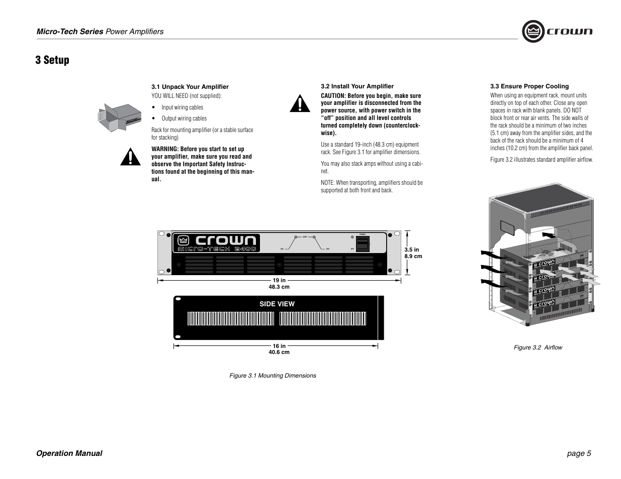 3 setup, 1 unpack your amplifier, 2 install your amplifier | 3 ensure proper cooling, Figure 3.1 mounting dimensions, Figure 3.2 airflow, 2 ensure proper cooling | Crown 1201 User Manual | Page 5 / 28