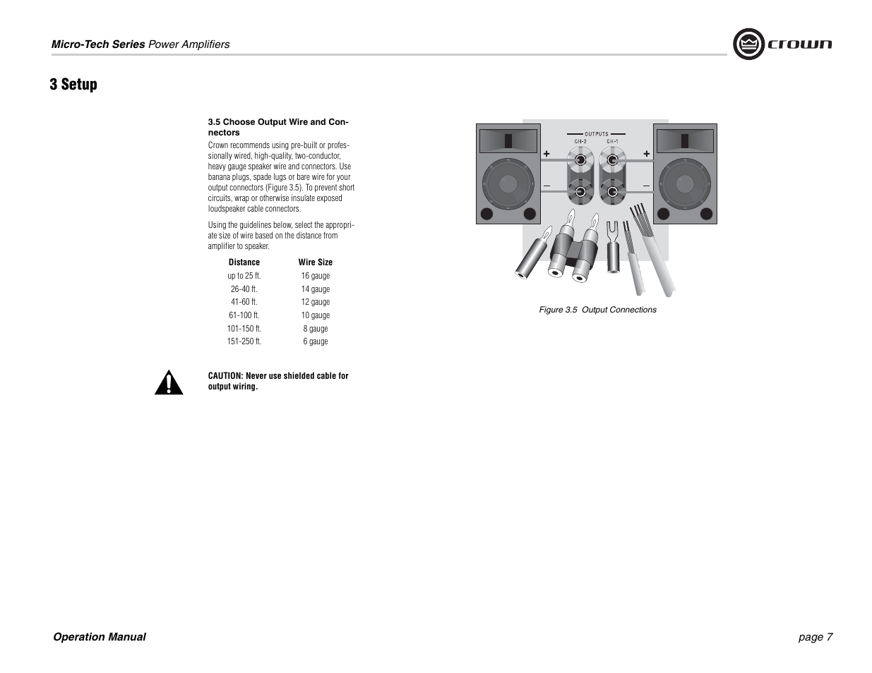 5 choose output wire and connectors, Distance, Wire size | Up to 25 ft, 16 gauge, 40 ft, 14 gauge, 60 ft, 12 gauge, 100 ft | Crown 1201 User Manual | Page 7 / 28