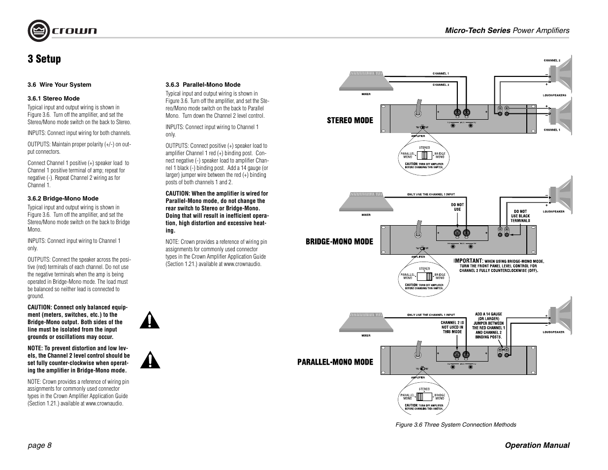 6 wire your system, 1 stereo mode, 2 bridge-mono mode | 3 parallel-mono mode, Figure 3.6 three system connection methods, 3 setup | Crown 1201 User Manual | Page 8 / 28