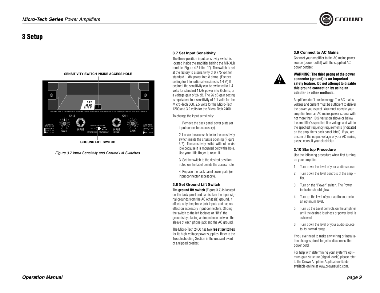 7 set input sensitivity, 8 set ground lift switch, 9 connect to ac mains | 10 startup procedure, 3 setup | Crown 1201 User Manual | Page 9 / 28