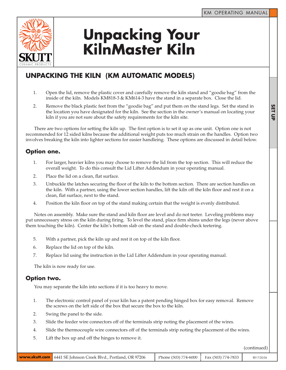 Skutt KilnMaster Kiln Unpacking Your User Manual | 2 pages