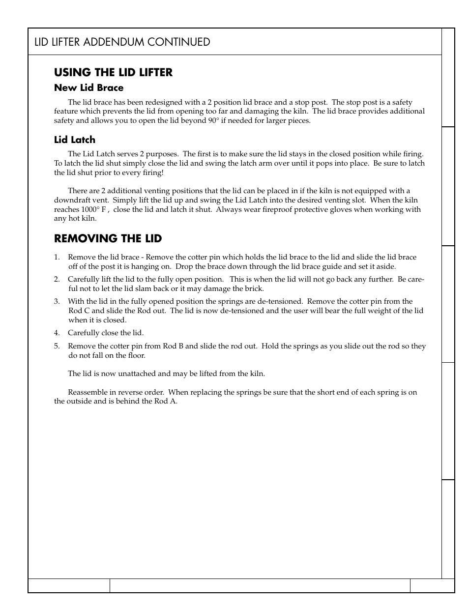Lid lifter addendum continued using the lid lifter, Removing the lid | Skutt Lid Lifter (AMACO) User Manual | Page 2 / 2