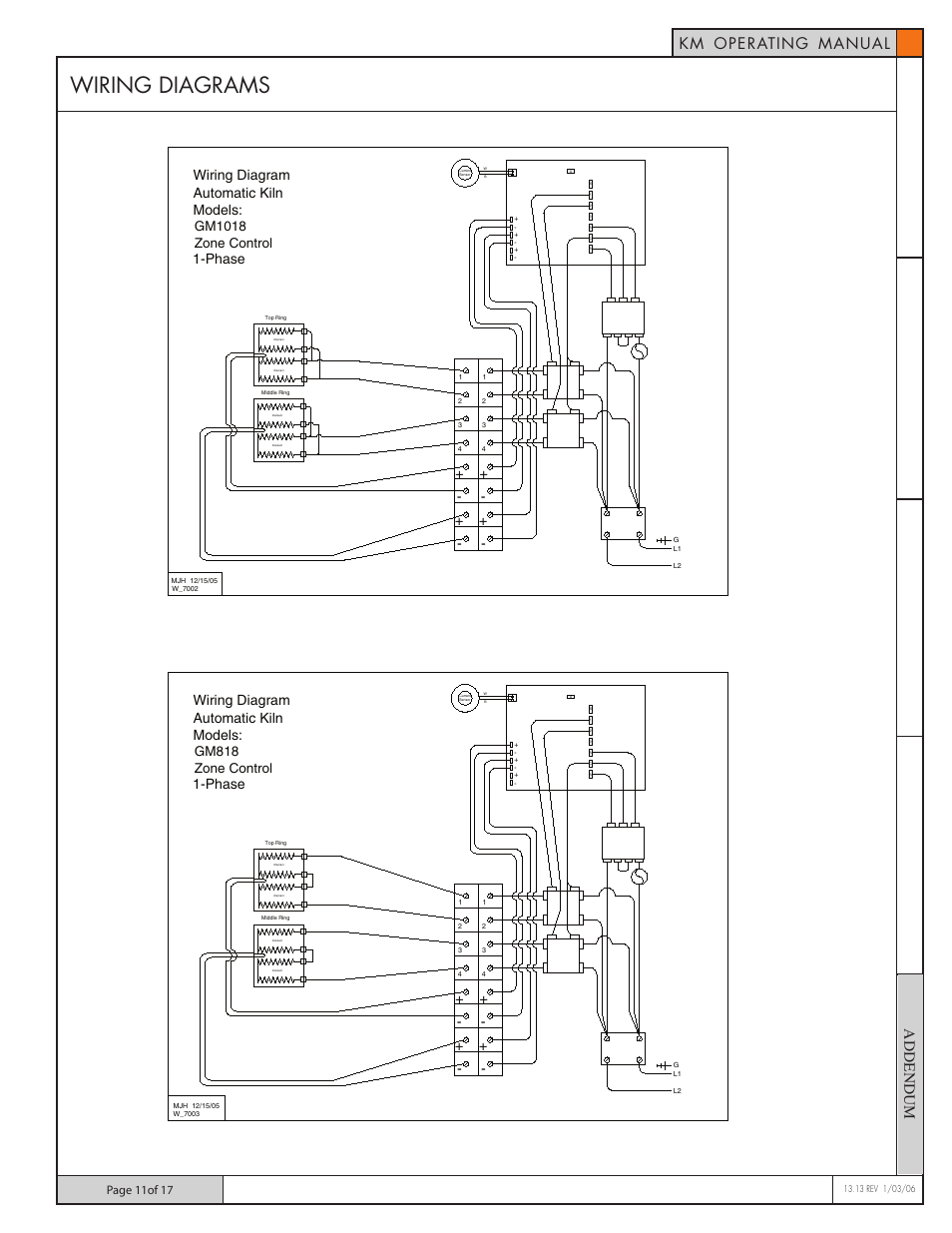 Wiring diagrams, Km operating manual, Wiring diagram models: 1-phase | Automatic kiln, Phase models, Wiring diagram, Gm1018 zone control, Zone control gm818 | Skutt GlassMaster 700 Board User Manual | Page 11 / 17